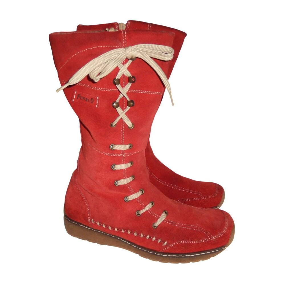 Vintage European Suede Leather Red Boots Womens (40) 9-9.5 Mid Calf Fleece Lined